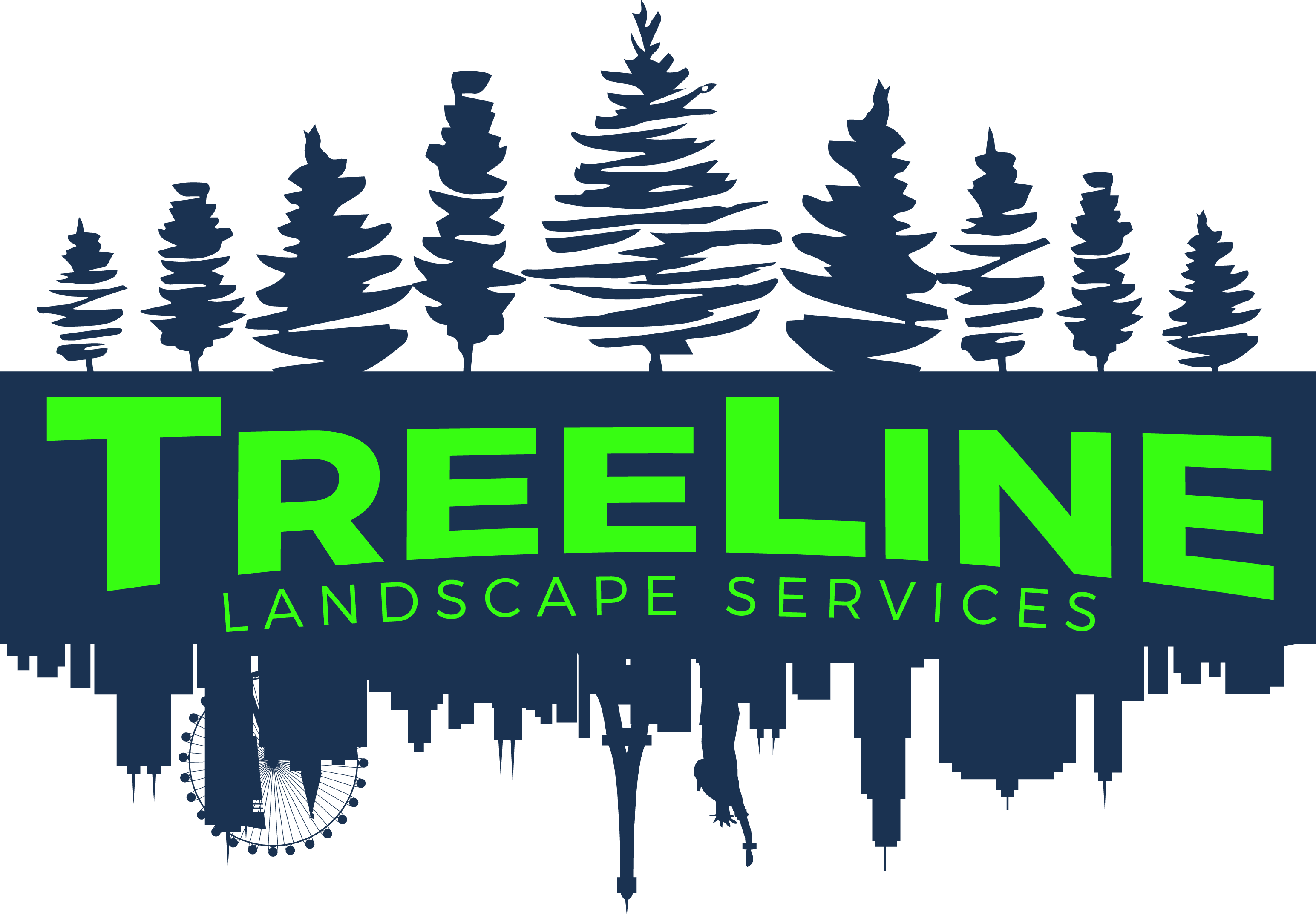 A green and blue logo for treeling landscape services.