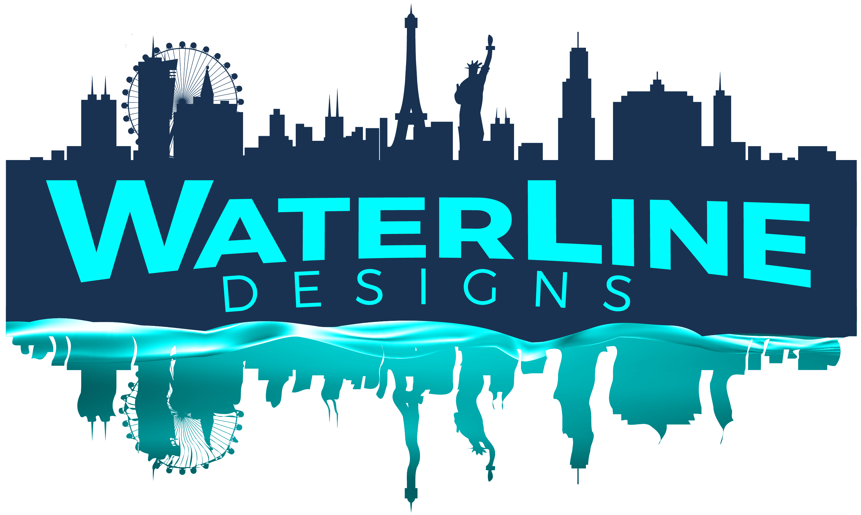 A logo of waterline designs with the city skyline in the background.